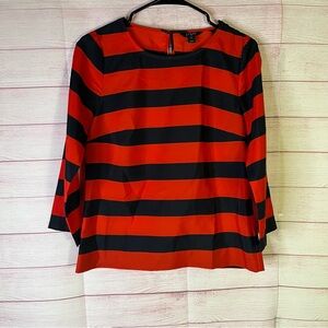 J.Crew Red Blue Stripe‎ Silky 100% Polyester 3/4” Sleeve Blouse Size XS